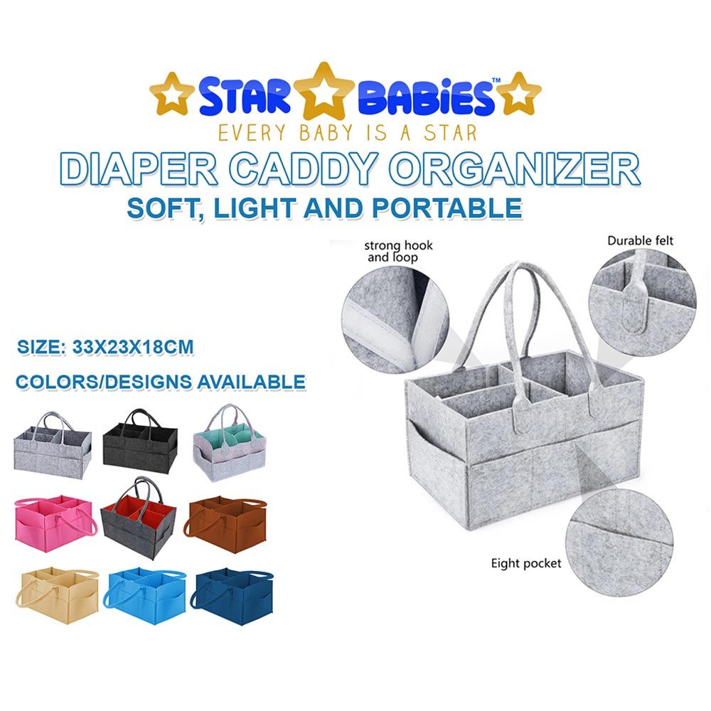 Star Babies - Caddy Diaper Organizer - Grey w/ Disposable Bibs - 10pcs & Changing Mat - 10pcs - Blue