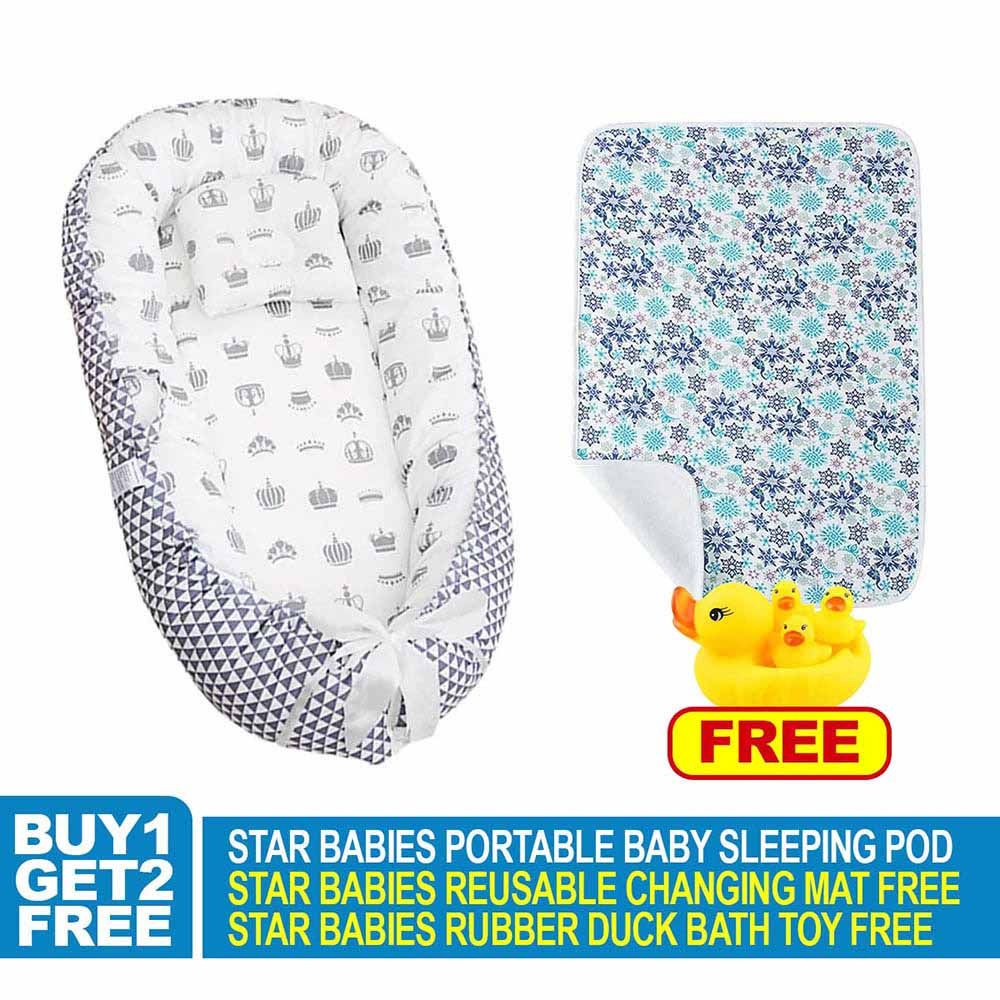 Star Babies - Baby Sleeping Bed Pod w/ Reusable Changing Mat & Rubber Duck - Grey