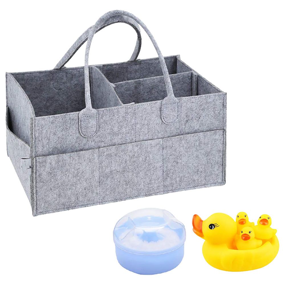 Star Babies - Caddy Diaper Organizer Grey w/ Powder Puff & Rubber Duck Toy - 4pcs