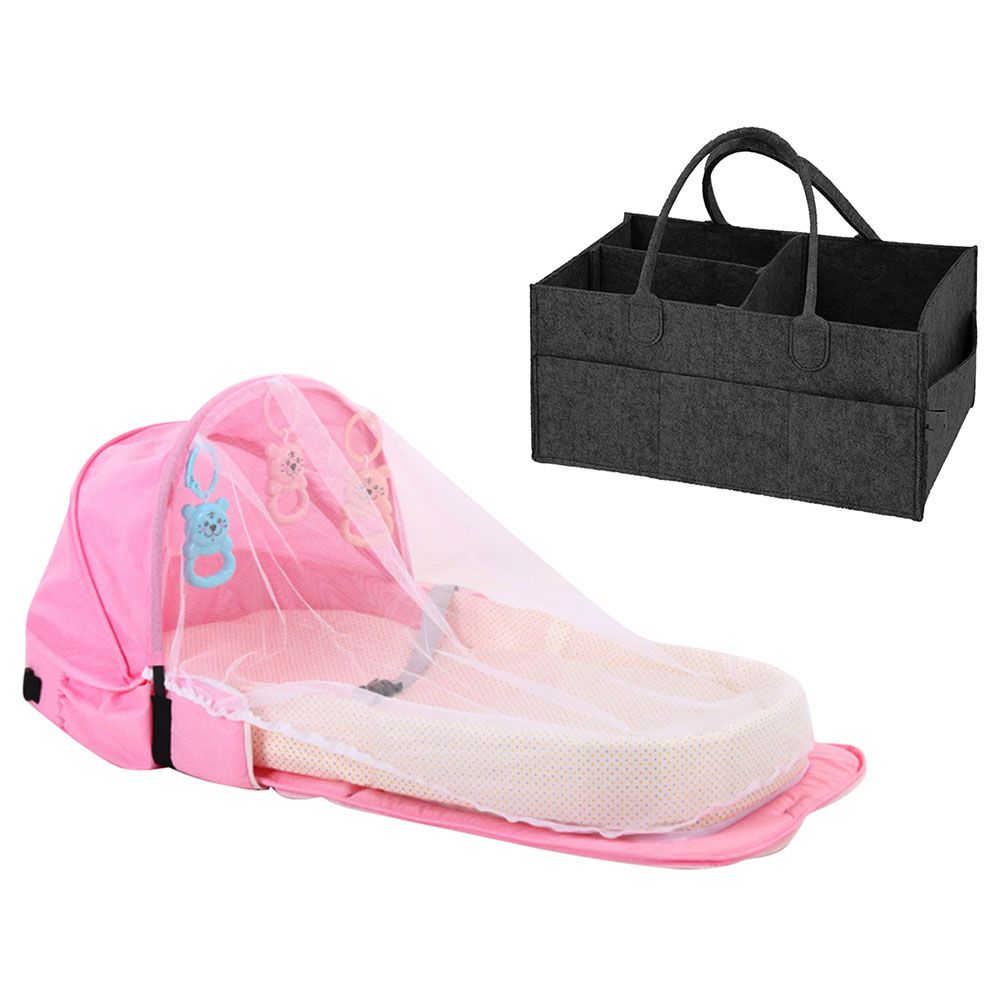 Star Babies - Baby Mosquito Bed Pink w/ Caddy Diaper Organizer - Black