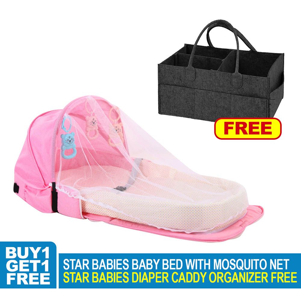 Star Babies - Baby Mosquito Bed Pink w/ Caddy Diaper Organizer - Black