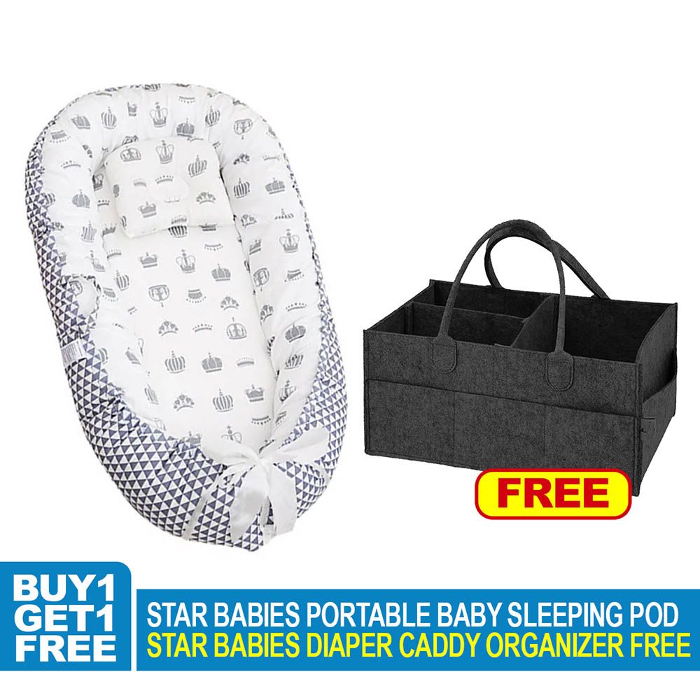 Star Babies - Baby Bed Sleeping Pod w/ Caddy Diaper Organizer - Grey