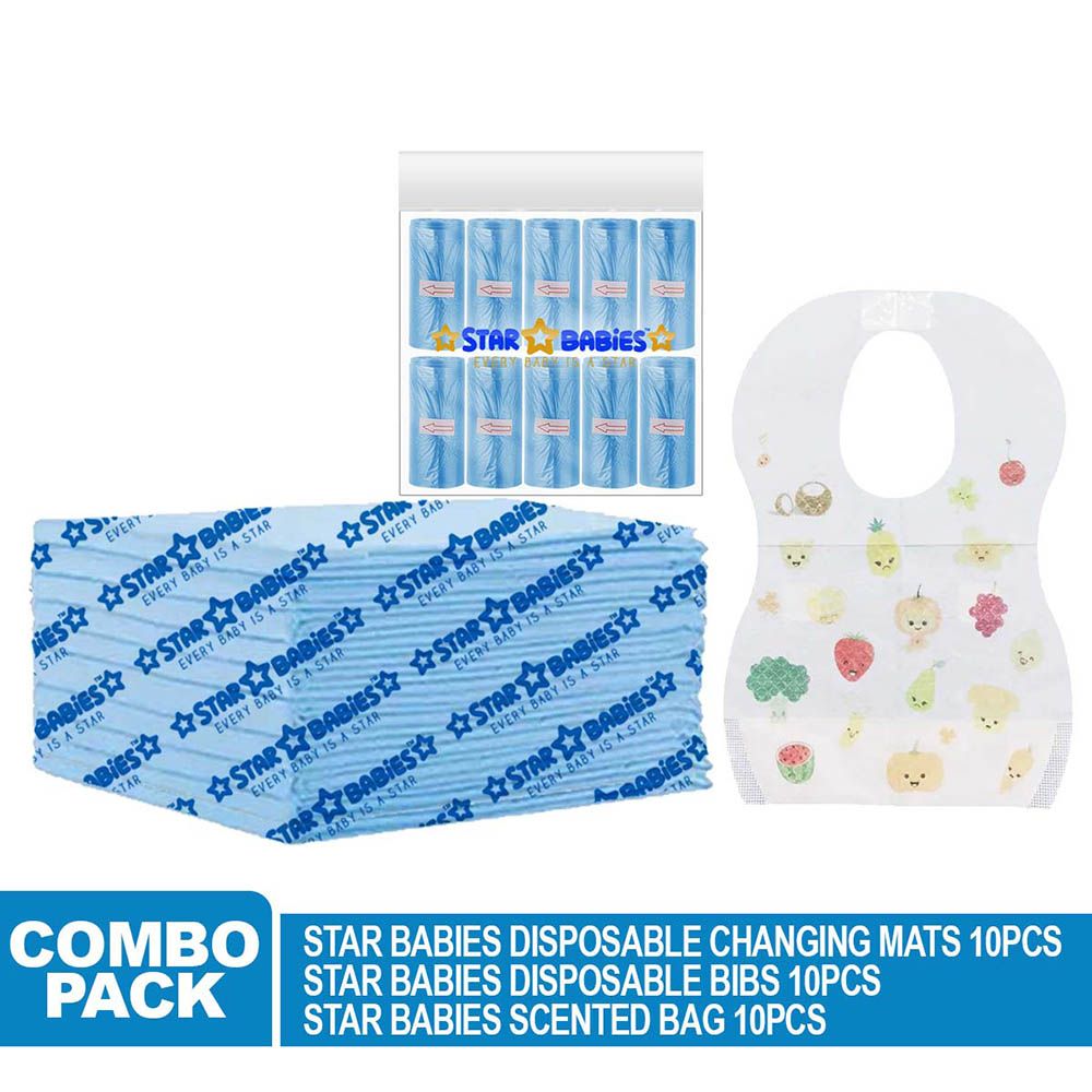 Star Babies - Disposable Changing Mat 10pcs & Scented Bag 10pcs W/ Disposable Bibs 10pcs - Blue