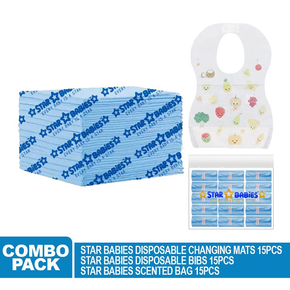 Star Babies - Disposable Changing Mat 15pcs & Scented Bag 15pcs W/ Disposable Bibs 15pcs - Blue