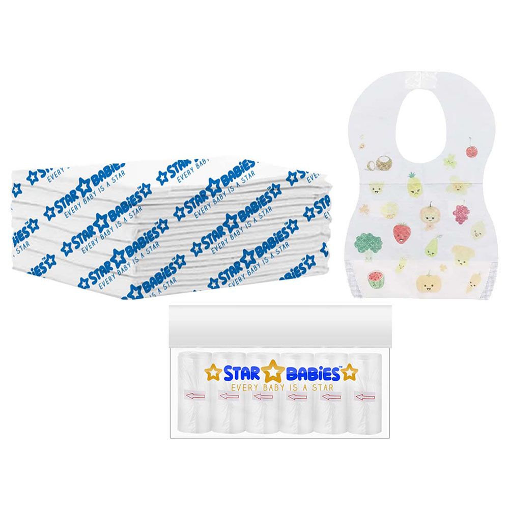 Star Babies - Disposable Changing Mat 6pcs & Scented Bag 6pcs W/ Disposable Bibs 6pcs - White