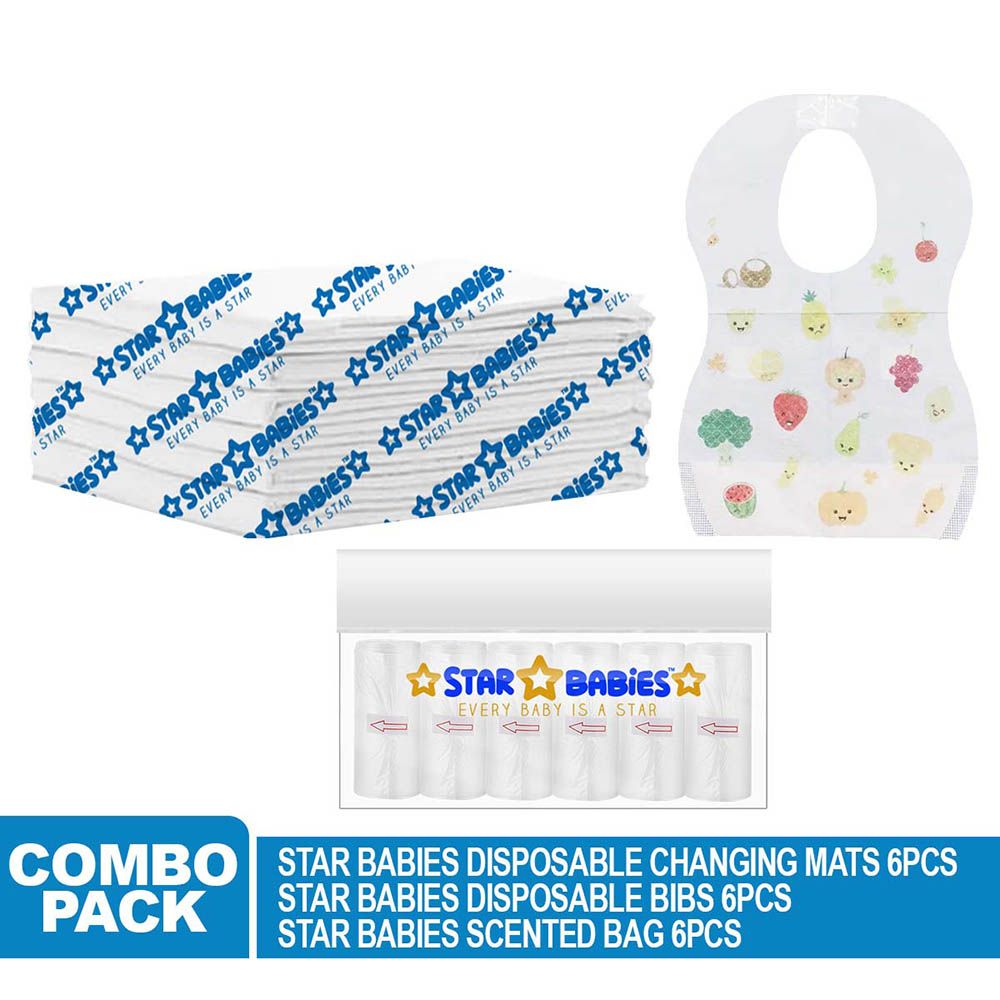 Star Babies - Disposable Changing Mat 6pcs & Scented Bag 6pcs W/ Disposable Bibs 6pcs - White