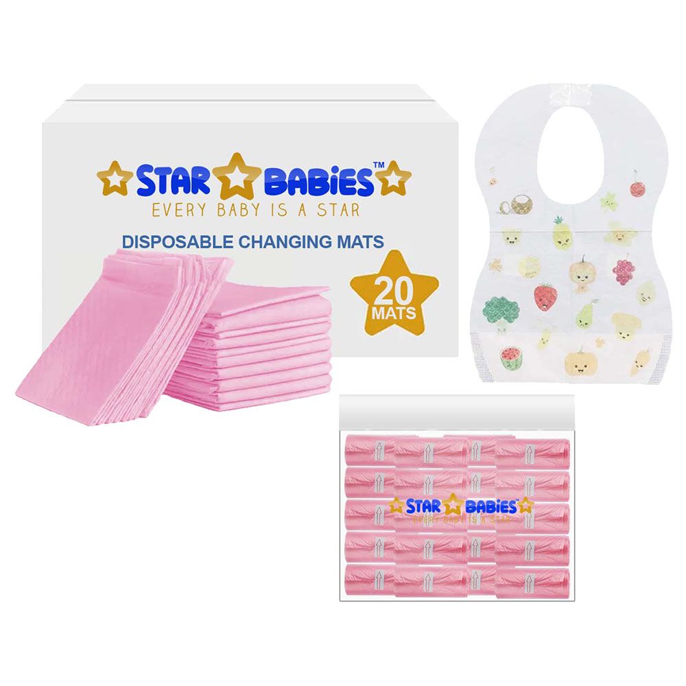 Star Babies - Disposable Changing Mat 20pcs & Scented Bag 20pcs W/ Disposable Bibs 20pcs - Pink