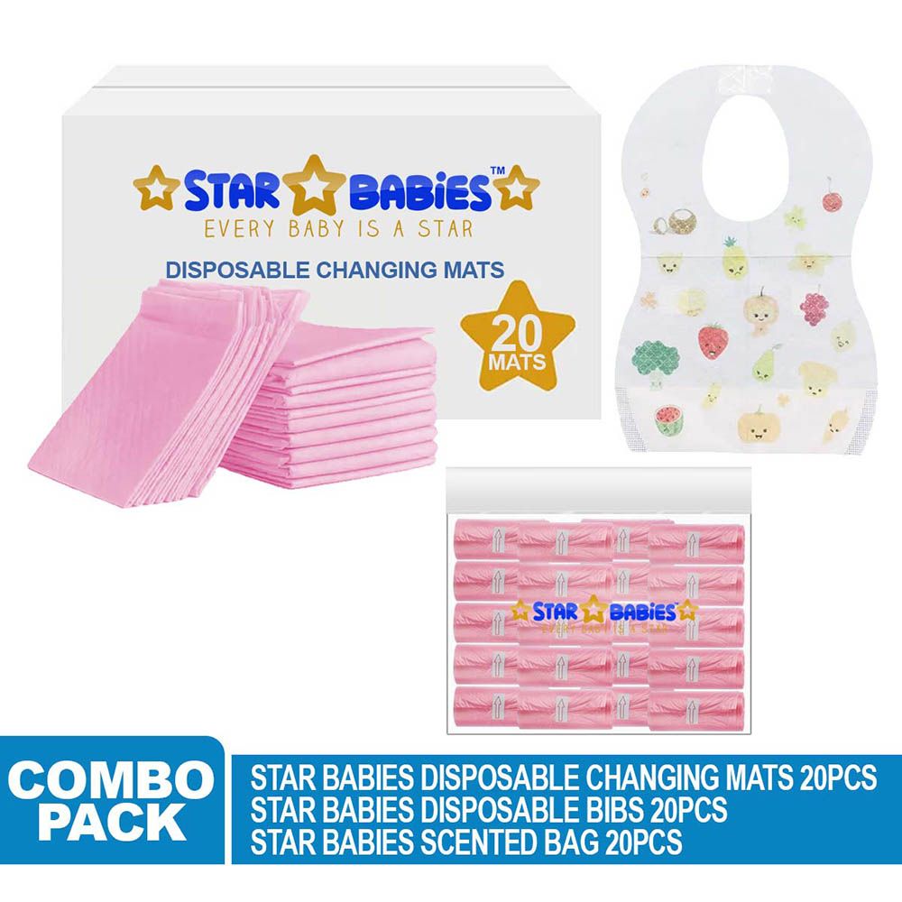 Star Babies - Disposable Changing Mat 20pcs & Scented Bag 20pcs W/ Disposable Bibs 20pcs - Pink