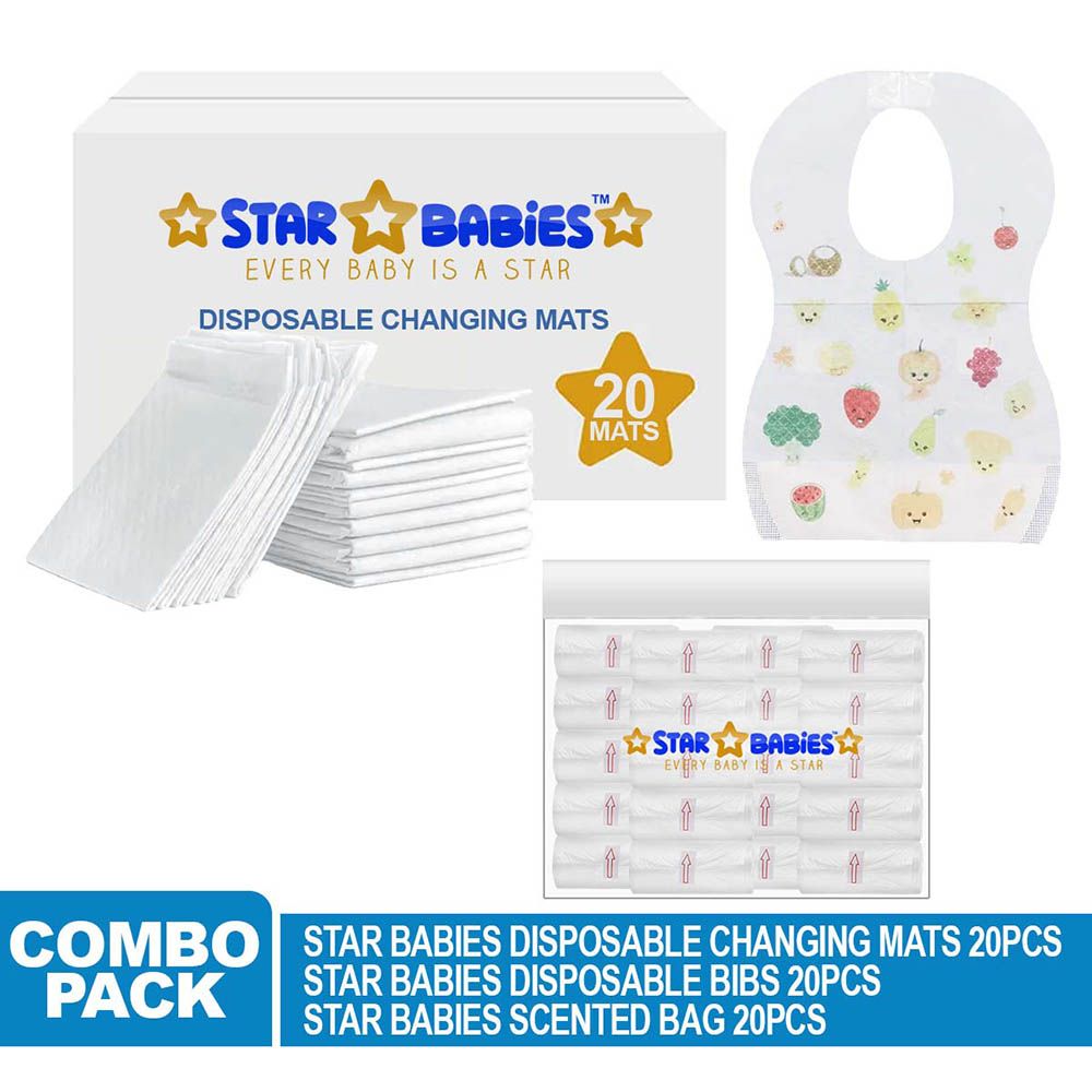 Star Babies - Disposable Changing Mat 20pcs & Scented Bag 20pcs W/ Disposable Bibs 20pcs - White