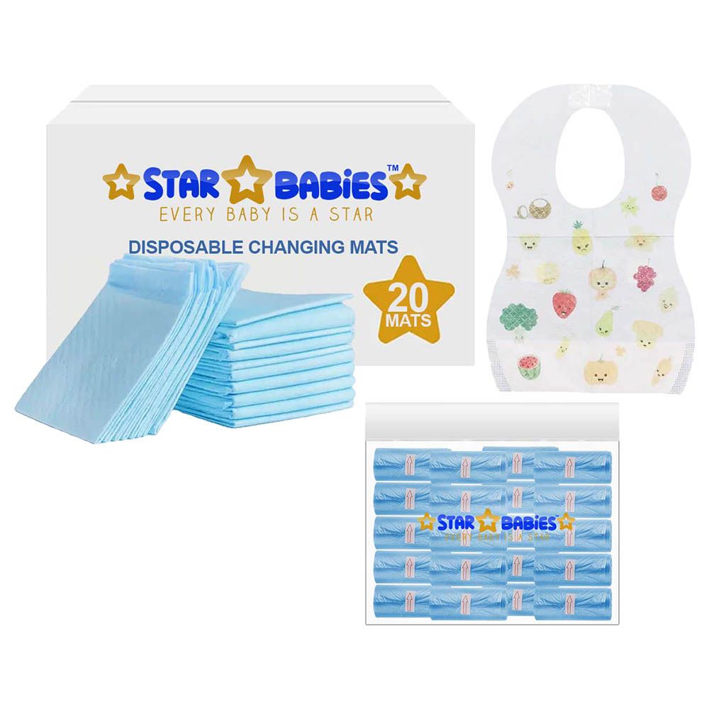 Star Babies - Disposable Changing Mat 20pcs & Scented Bag 20pcs W/ Disposable Bibs 20pcs - Blue