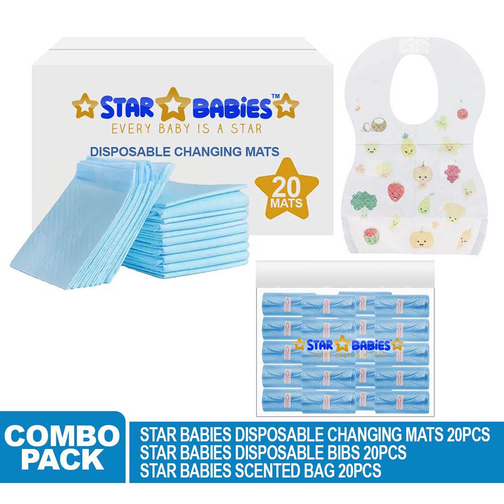 Star Babies - Disposable Changing Mat 20pcs & Scented Bag 20pcs W/ Disposable Bibs 20pcs - Blue