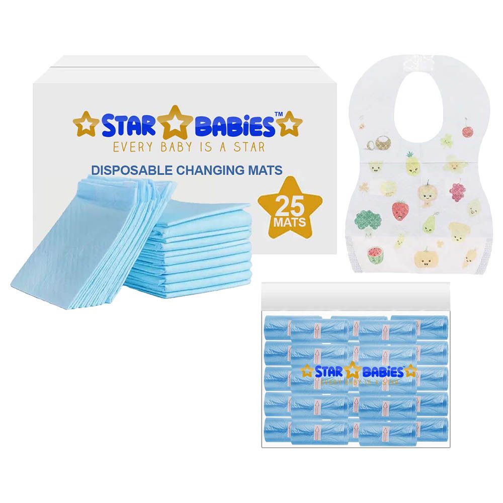 Star Babies - Disposable Changing Mat 25pcs & Scented Bag 25pcs W/ Disposable Bibs 25pcs - Blue