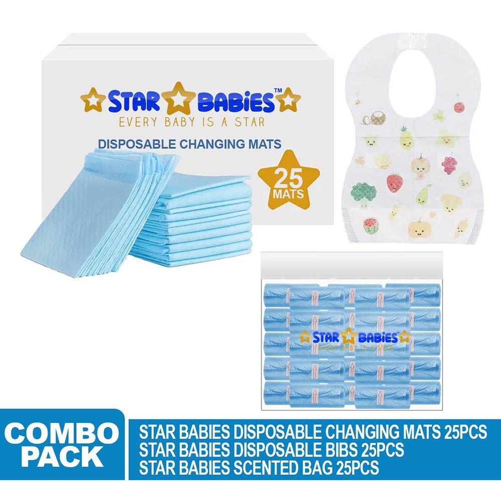 Star Babies - Disposable Changing Mat 25pcs & Scented Bag 25pcs W/ Disposable Bibs 25pcs - Blue