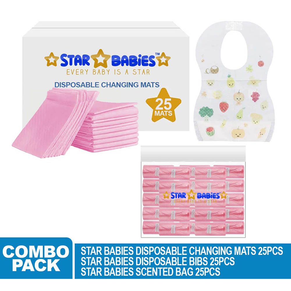 Star Babies - Disposable Changing Mat 25pcs & Scented Bag 25pcs W/ Disposable Bibs 25pcs - Pink