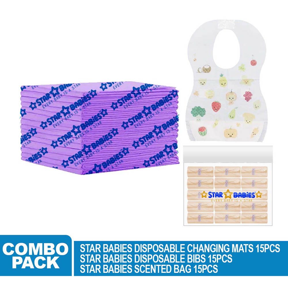 Star Babies - Disposable Changing Mat 15pcs & Scented Bag 15pcs W/ Disposable Bibs 15pcs - Lavender