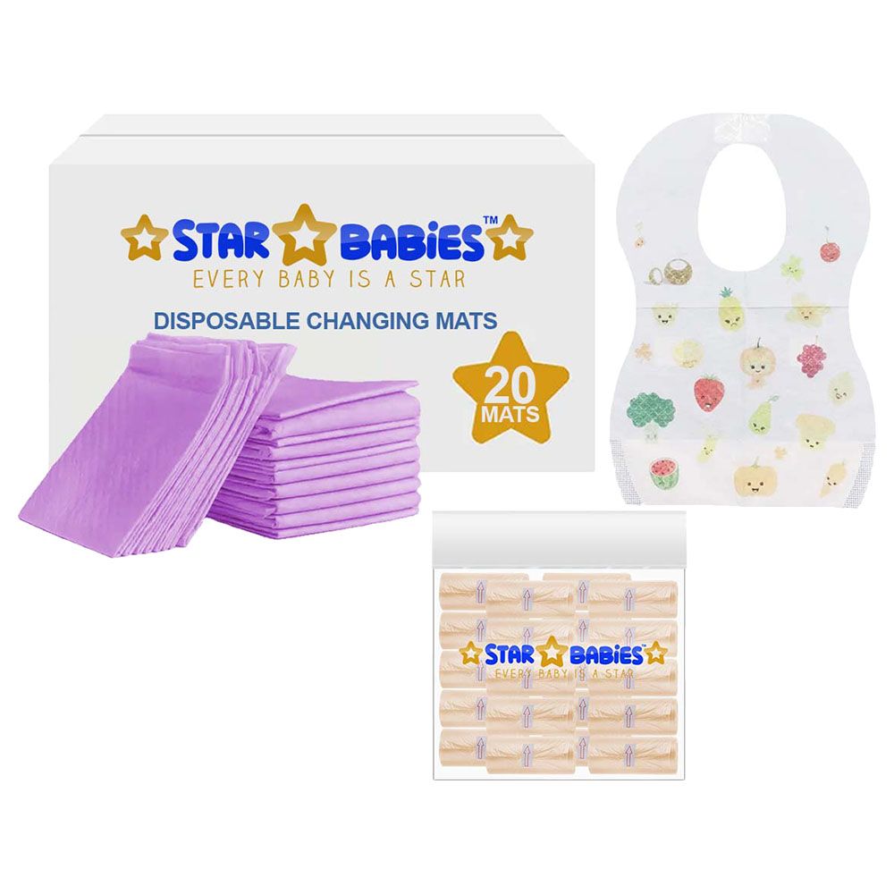 Star Babies - Disposable Changing Mat 20pcs & Scented Bag 20pcs W/ Disposable Bibs 20pcs - Lavender