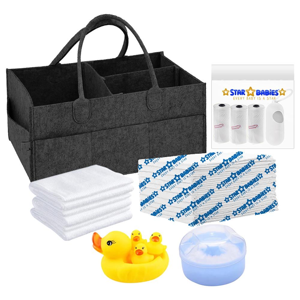 Star Babies - Caddy Diaper Orgenizer, Powder Puff, Rubber Duck Toy 4pcs, Changing Mat 10pcs, Scented Bag 3pcs W/ Dispenser - Black/Blue