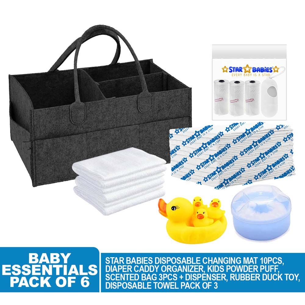 Star Babies - Caddy Diaper Orgenizer, Powder Puff, Rubber Duck Toy 4pcs, Changing Mat 10pcs, Scented Bag 3pcs W/ Dispenser - Black/Blue