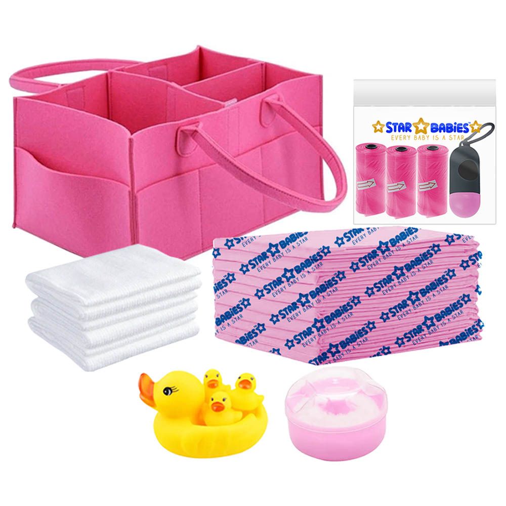 Star Babies - Caddy Diaper Orgenizer, Powder Puff, Rubber Duck Toy 4pcs, Changing Mat 10pcs, Scented Bag 3pcs W/ Dispenser - Pink