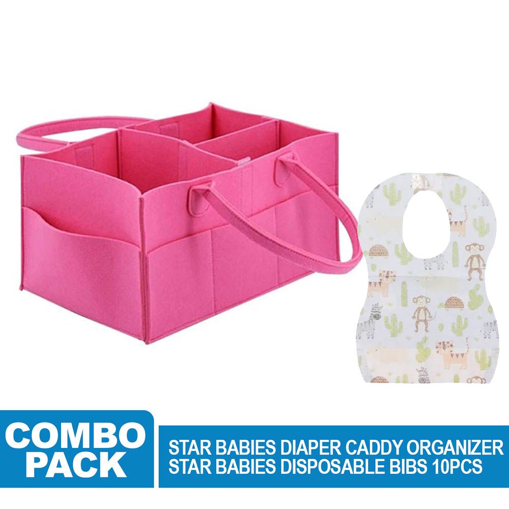 Star Babies - Caddy Diaper Bag W/ Disposable Bibs - 10pcs - Grey/Pink