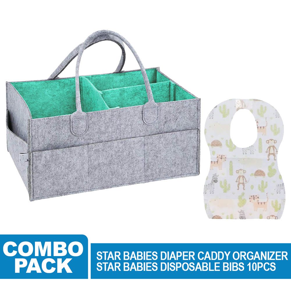 Star Babies - Caddy Diaper Bag W/ Disposable Bibs - 10pcs - Grey/Green