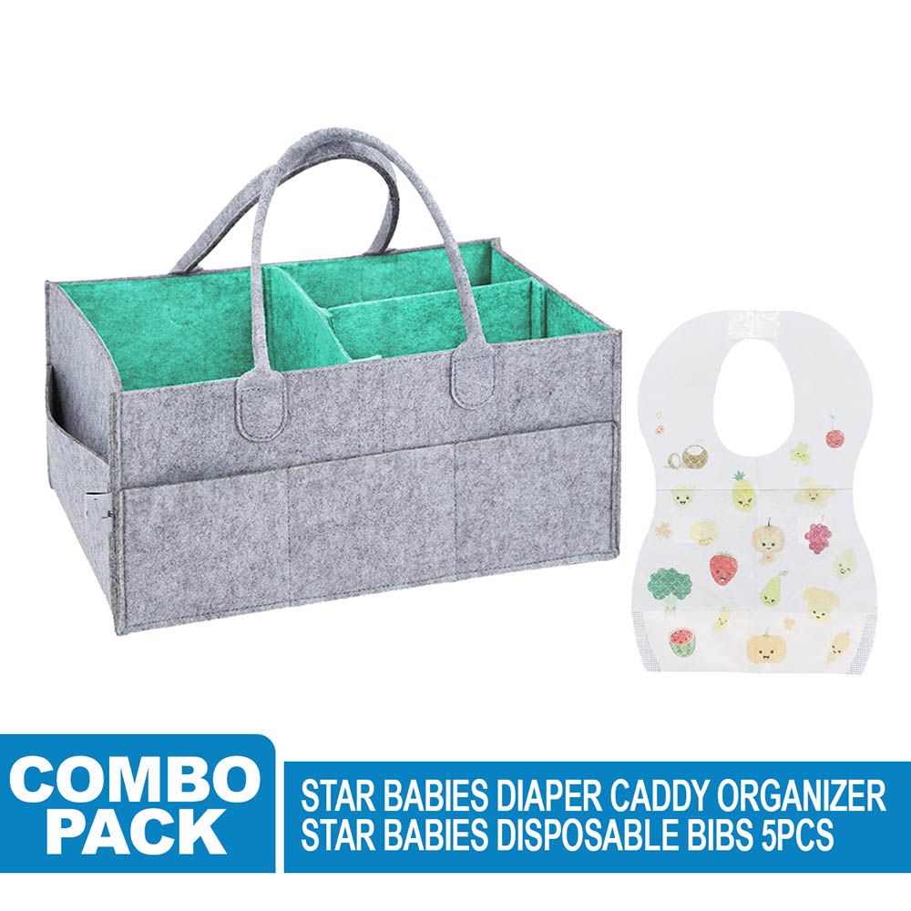 Star Babies - Diaper Caddy Organizer & Disposable Bib Assorted 5pcs - Grey Green