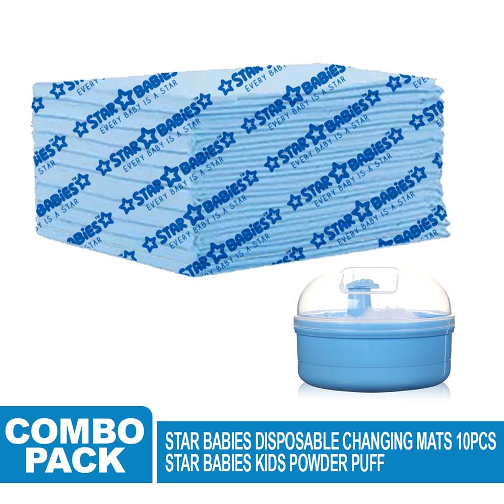 Star Babies - Disposable Changing Mats 10pcs & Baby Powder Puff Combo Set - Blue