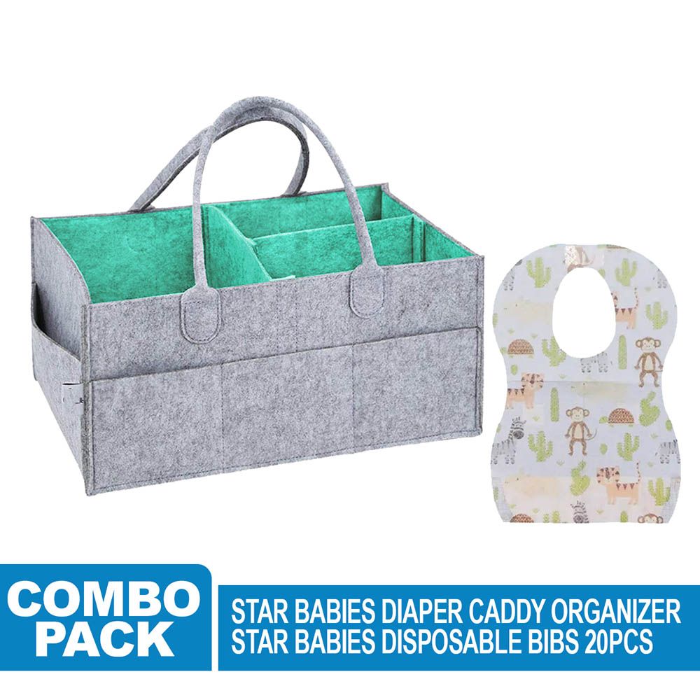 Star Babies - Diaper Caddy Organizer & Disposable Bib Assorted 20pcs - Grey Green