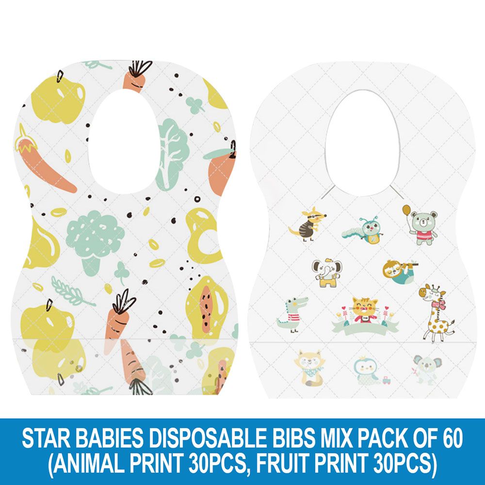 Star Babies - Disposable Bibs - Pack of 50 - Animal Print/Fruits Print