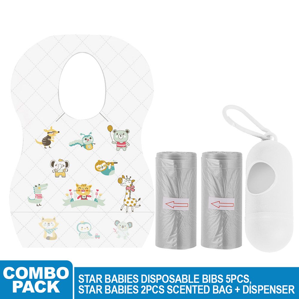 Star Babies - Disposable Bibs Animal Print 5pcs w/ Scented Bag 2pcs & Dispenser - Grey