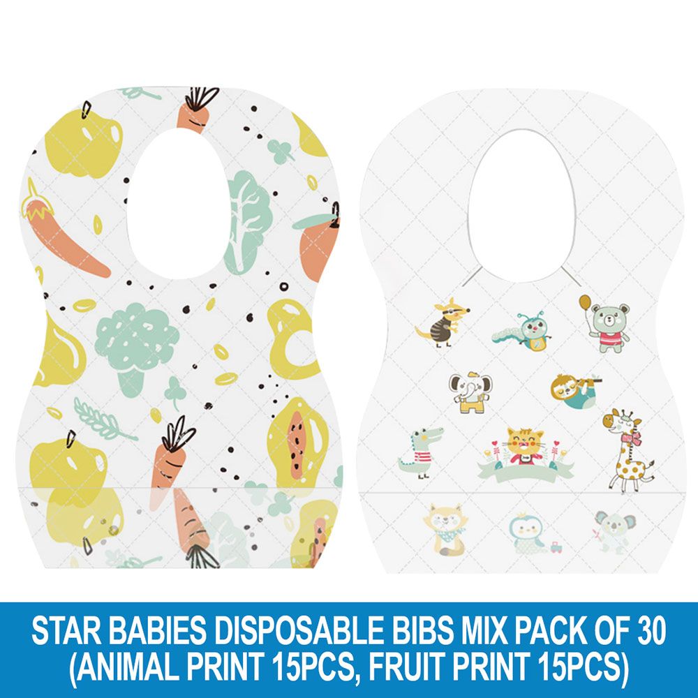 Star Babies - Disposable Bibs - Pack of 30 - Animal Print/Fruits Print