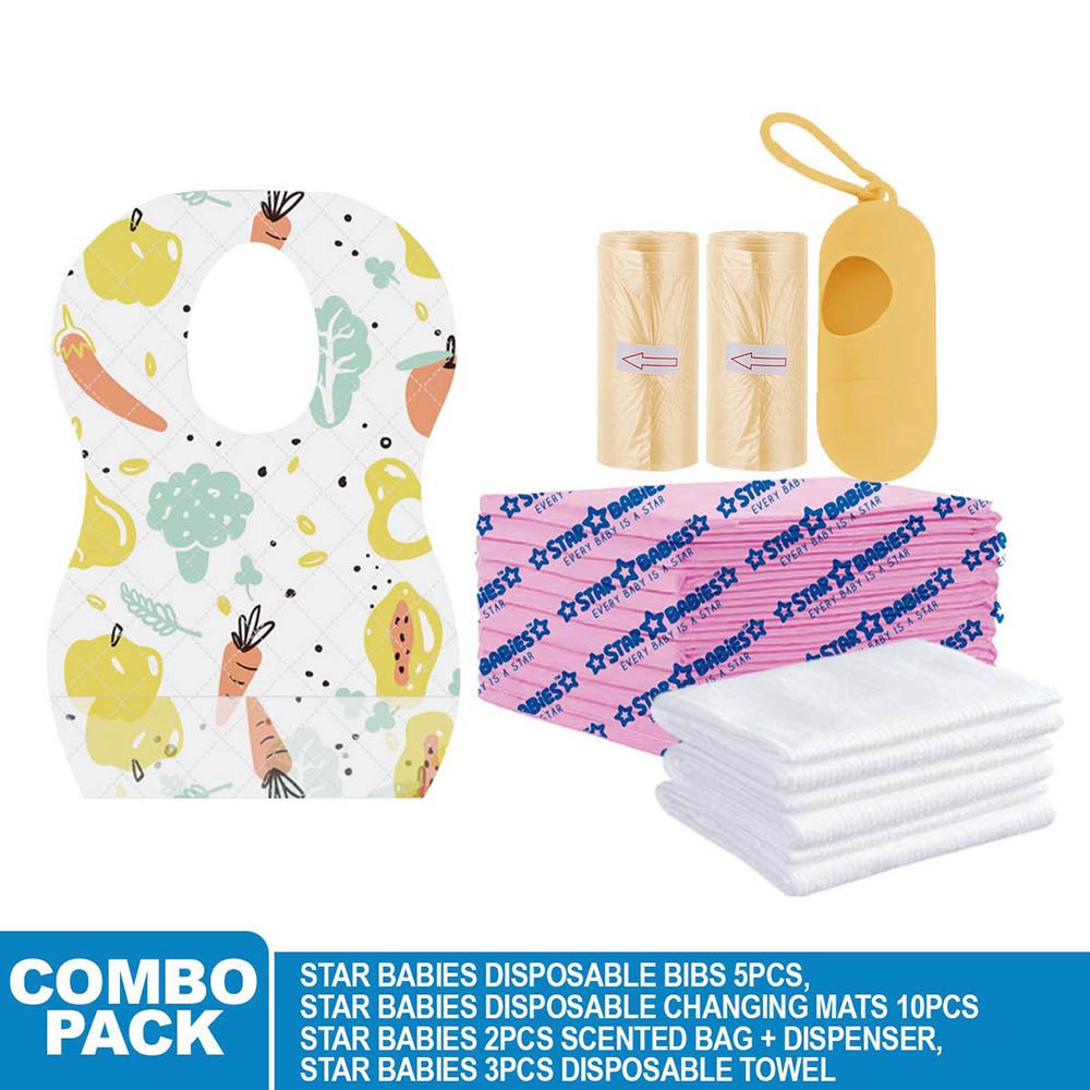 Star Babies - Disposable Bibs Fruits Print 5pcs, Disposable Towel 3pcs, Scented Bag 2pcs & Dispenser, Changing Mat 10pcs - Ivory