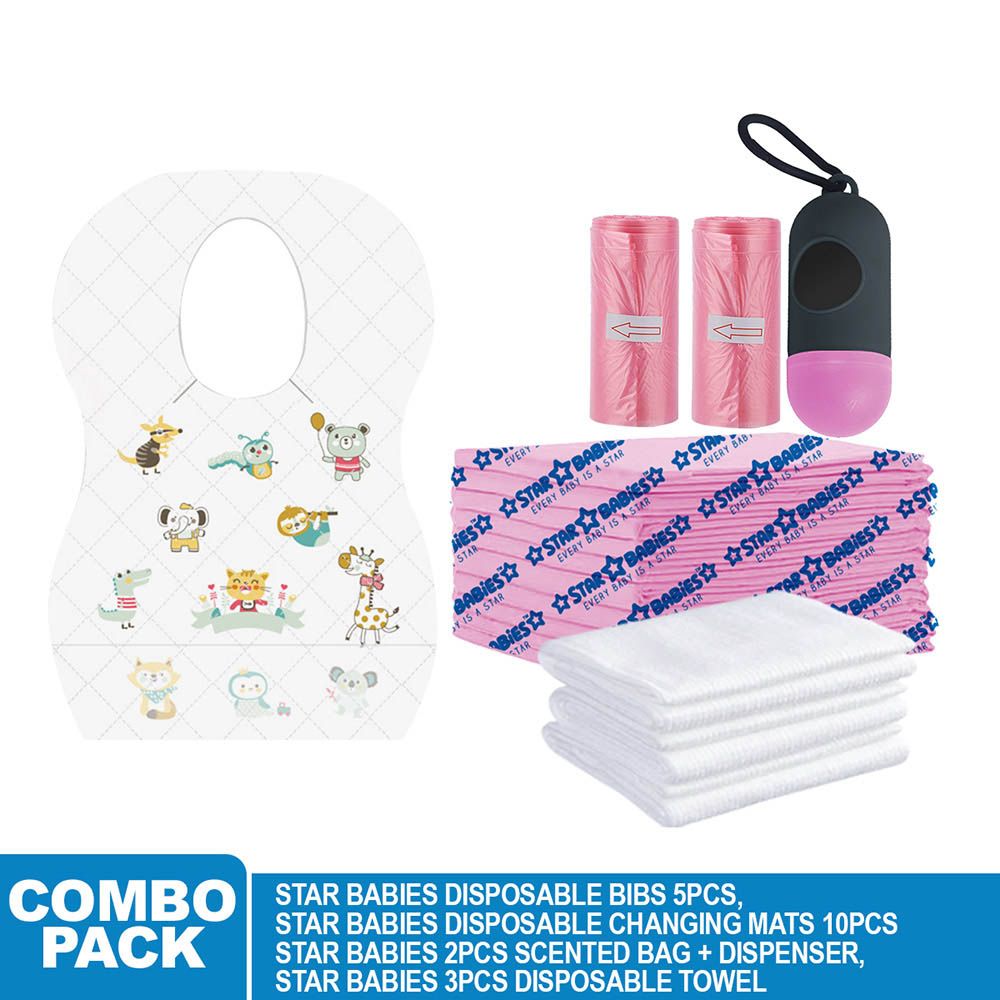 Star Babies - Disposable Bibs Animal Print 5pcs, Disposable Towel 3pcs, Scented Bag 2pcs & Dispenser, Changing Mat 10pcs - Pink