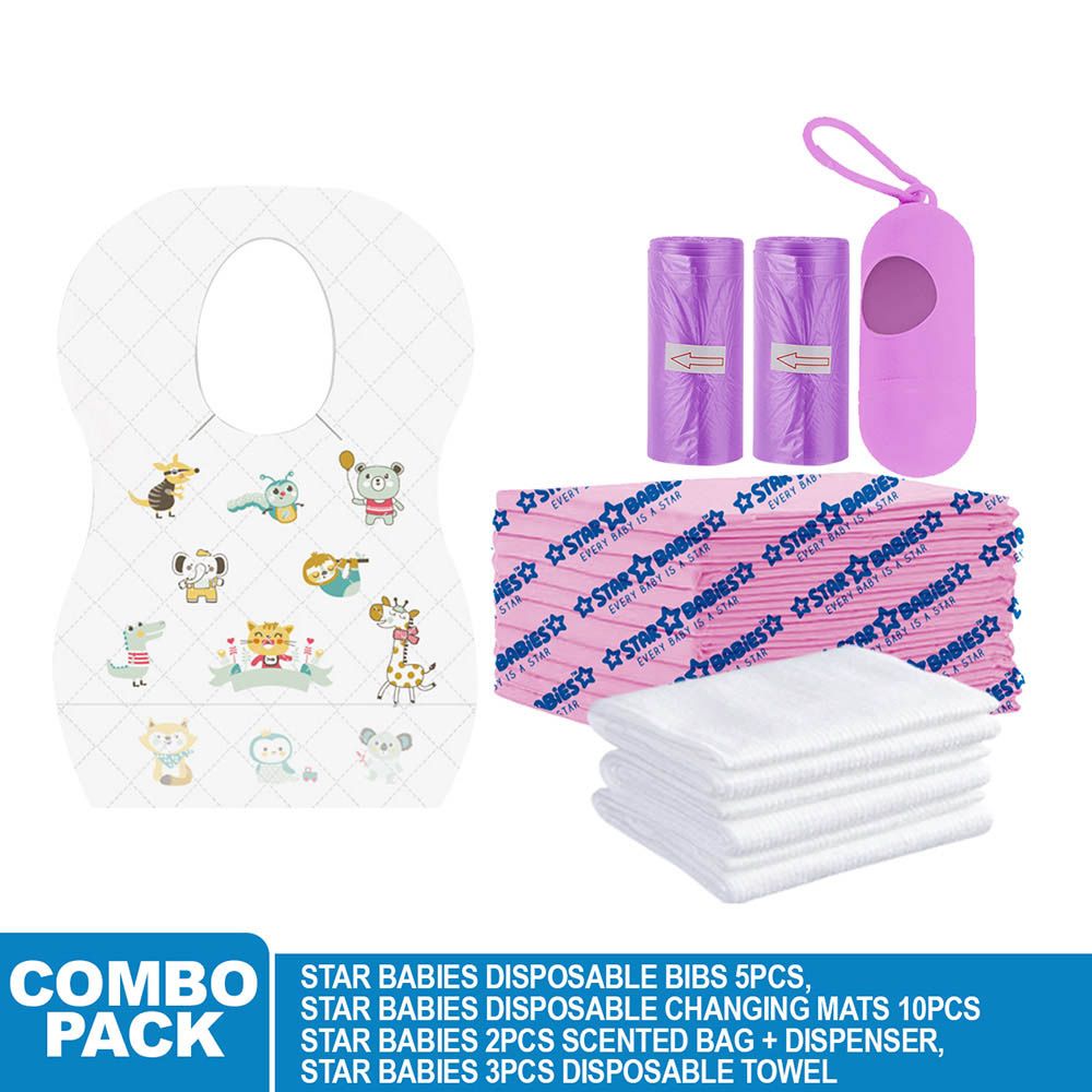 Star Babies - Disposable Bibs Animal Print 5pcs, Disposable Towel 3pcs, Scented Bag 2pcs & Dispenser, Changing Mat 10pcs - Lavender