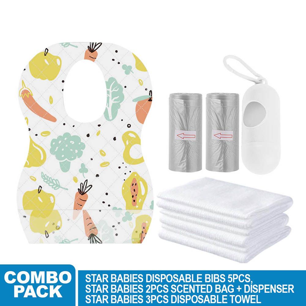 Star Babies - Disposable Bibs Fruits Print 5pcs, Disposable Towel 3pcs, Scented Bag 2pcs & Dispenser - Grey