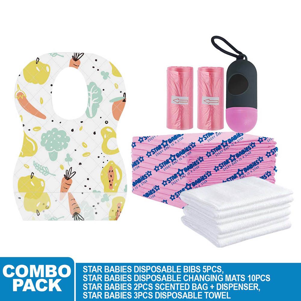 Star Babies - Disposable Bibs Fruits Print 5pcs, Disposable Towel 3pcs, Scented Bag 2pcs & Dispenser, Changing Mat 10pcs - Pink