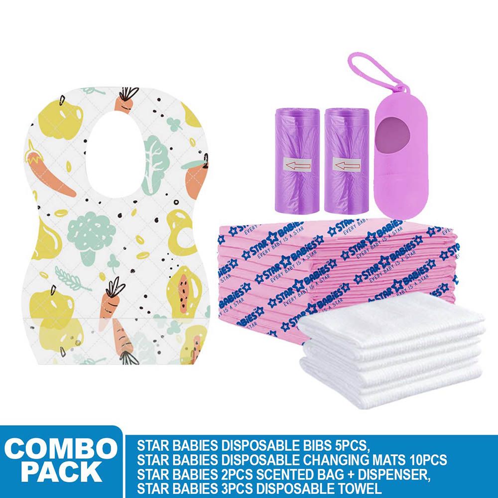 Star Babies - Disposable Bibs Fruits Print 5pcs, Disposable Towel 3pcs, Scented Bag 2pcs & Dispenser, Changing Mat 10pcs - Lavender