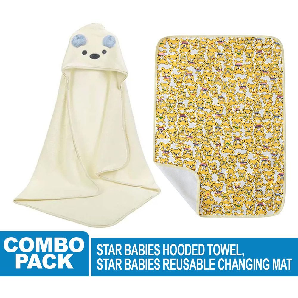 Star Babies - Microfiber Hooded Towel w/ Reusable Changing Mat - White/Yellow