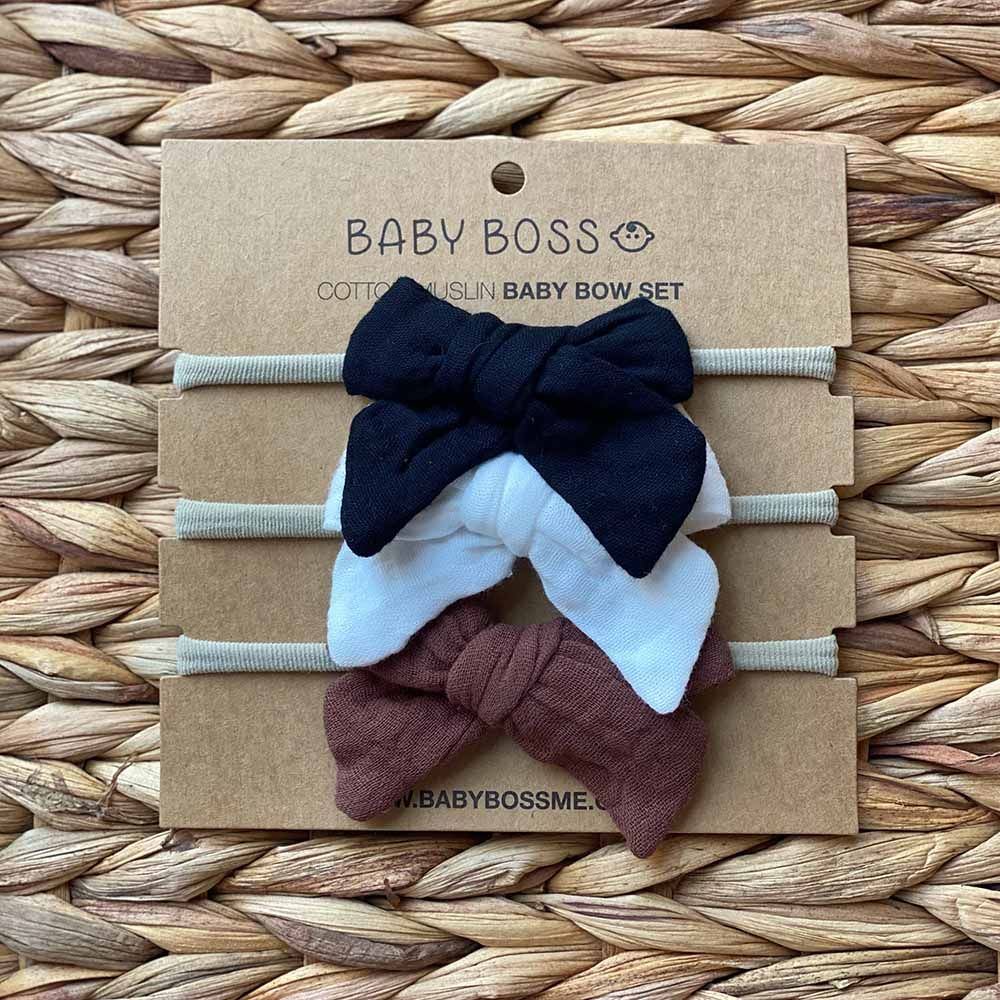 Baby Boss - Cotton Muslin Bow Set - Black/White/Brown