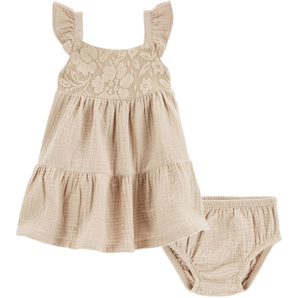 Carters - 2pc-Set - Girls Lace Tiered Flutter Dress Set - Tan