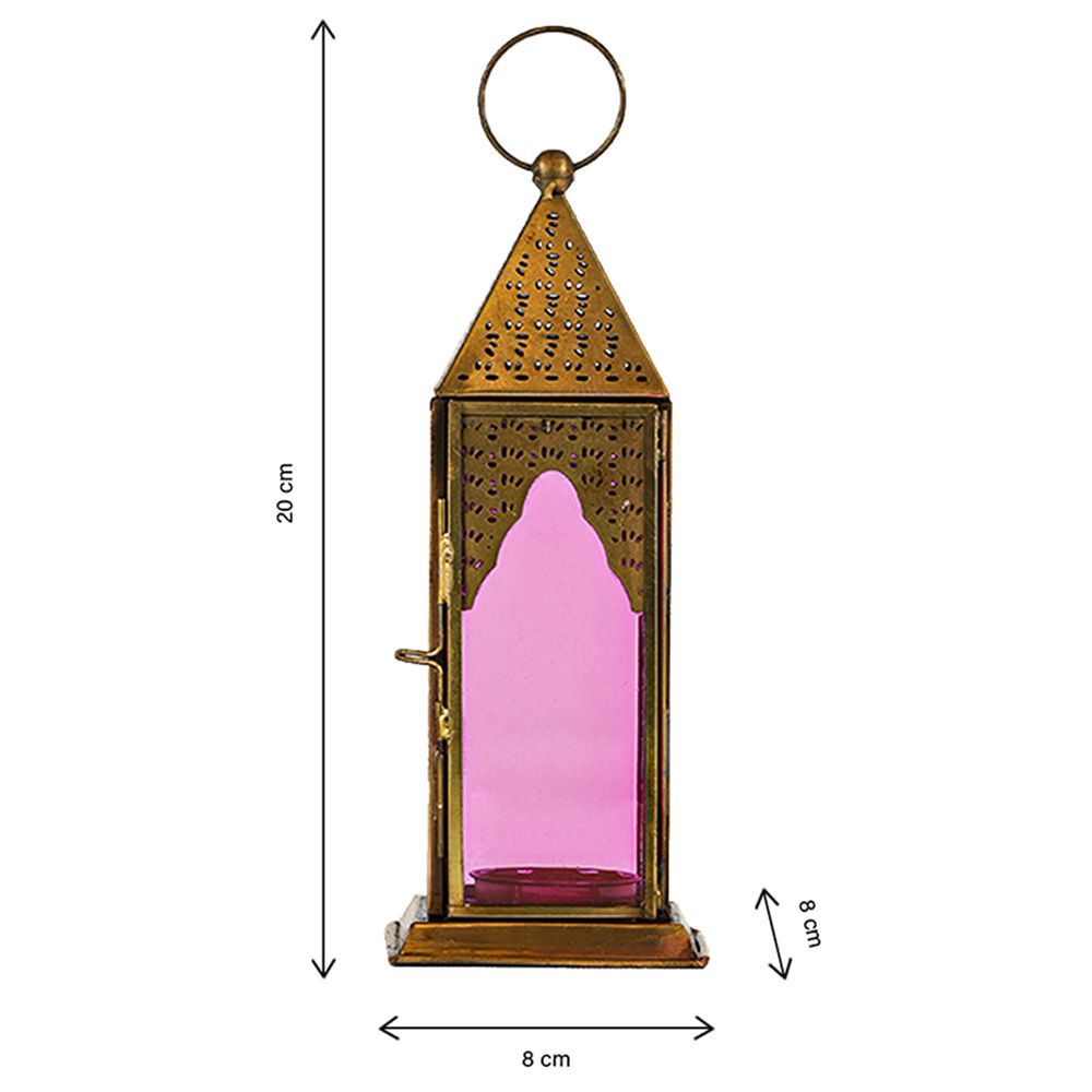 HilalFul - Classic Brass Antique Lantern - Clear Pink Glass