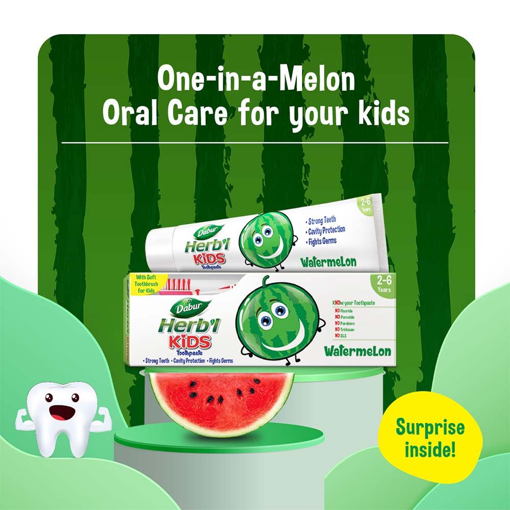 Dabur - Herbal Plus Kids Watermelon Toothpaste - 50g And Soft Toothbrush