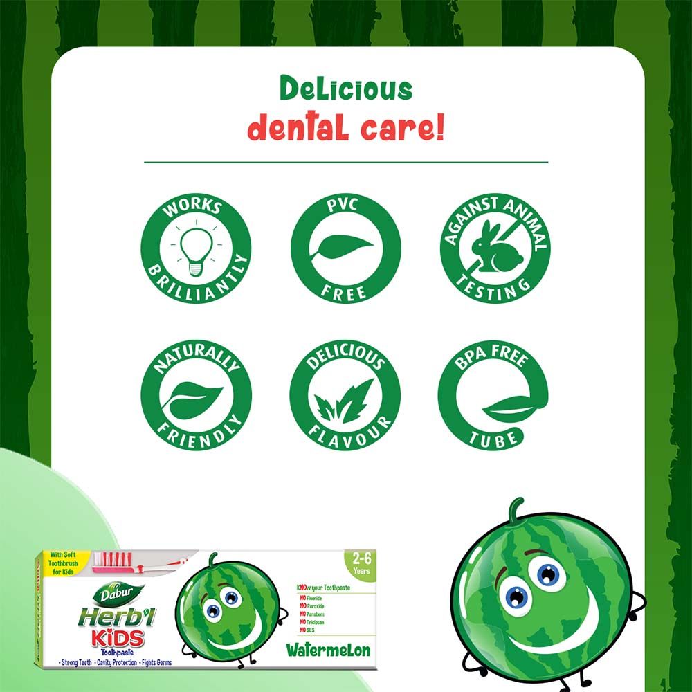 Dabur - Herbal Plus Kids Watermelon Toothpaste - 50g And Soft Toothbrush