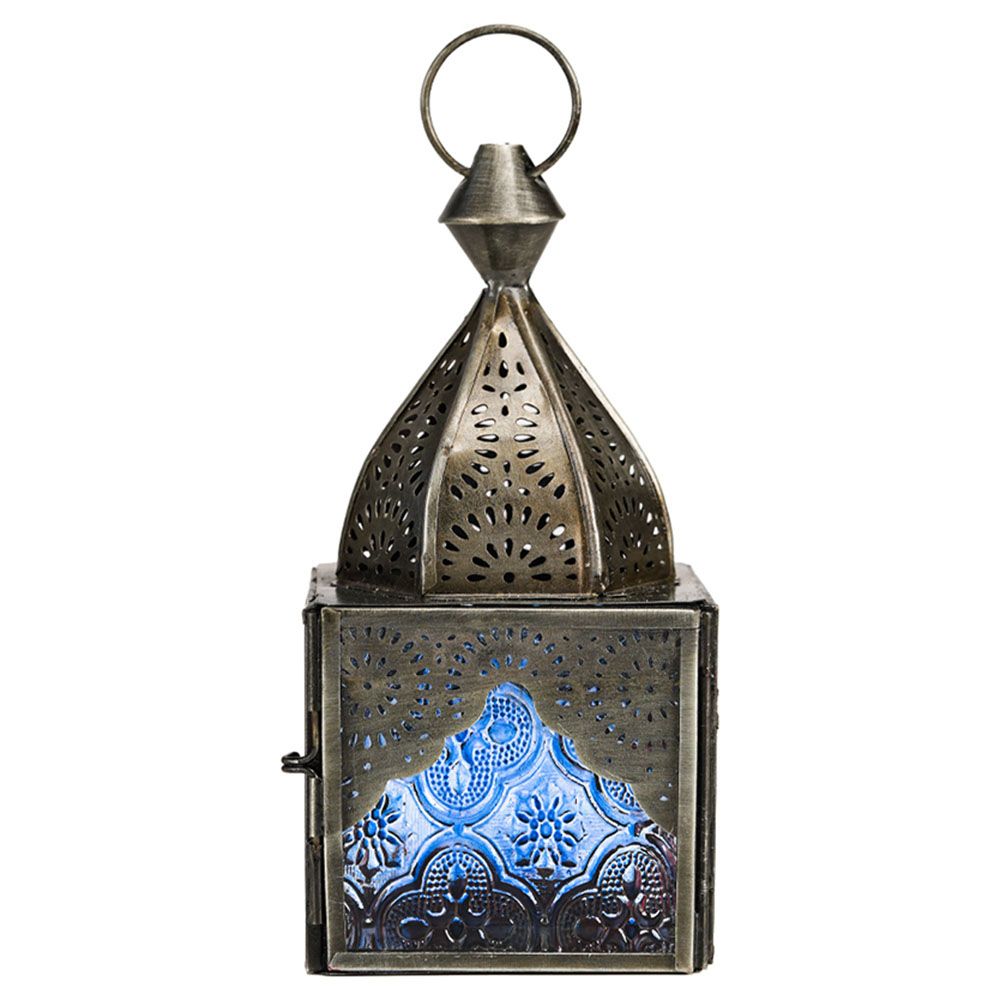 HilalFul - Classic Mini Zinc Antique Lantern - Cherry/Blue Glass