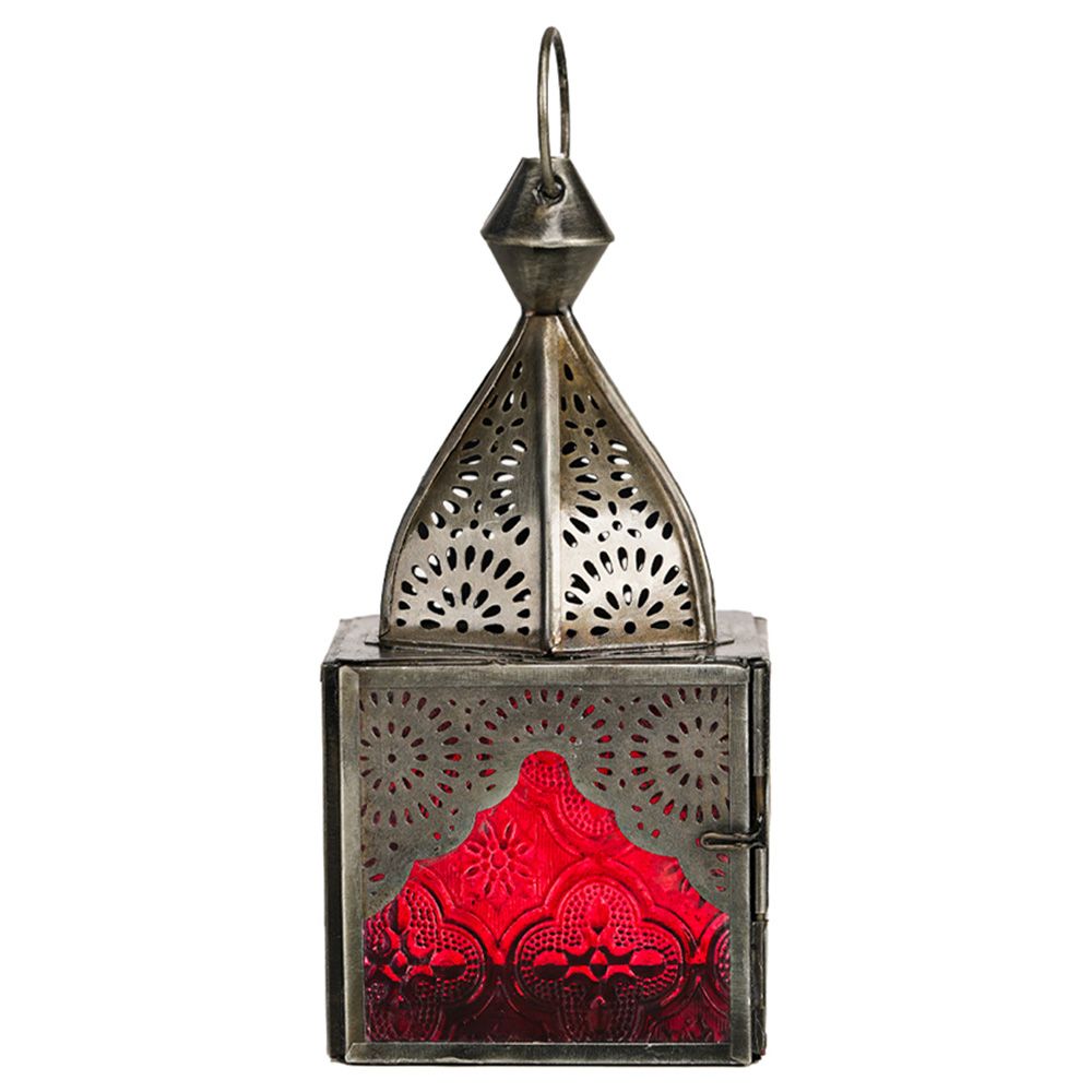 HilalFul - Classic Mini Zinc Antique Lantern - Cherry/Blue Glass