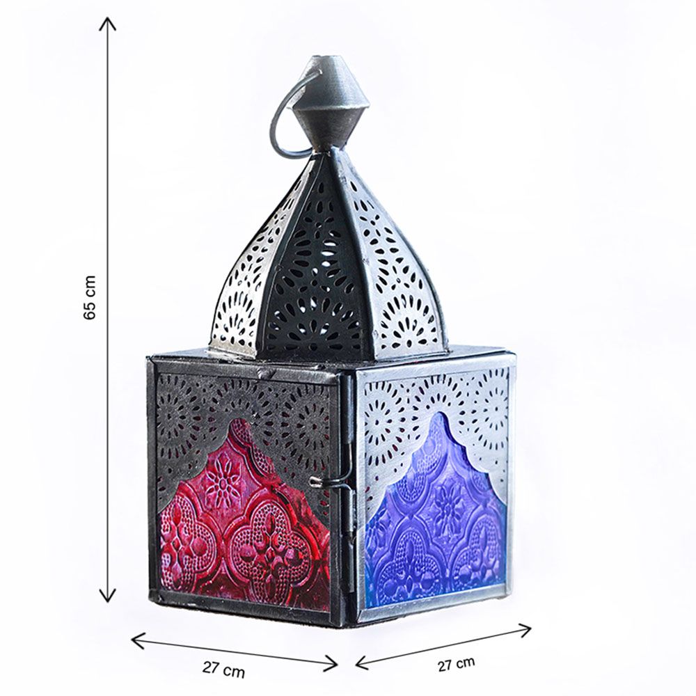 HilalFul - Classic Mini Zinc Antique Lantern - Cherry/Blue Glass