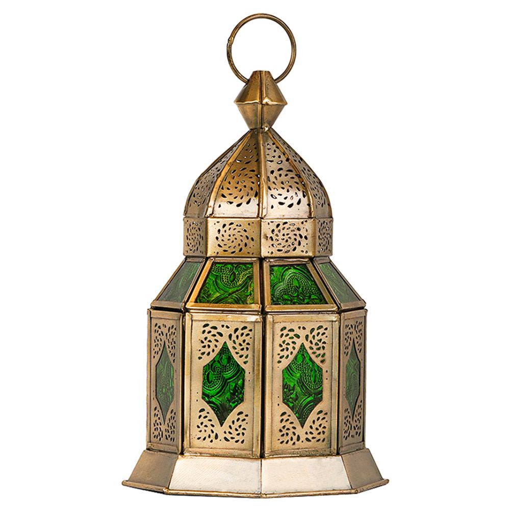 HilalFul - Aqsa Brass Antique Lantern - Green Glass