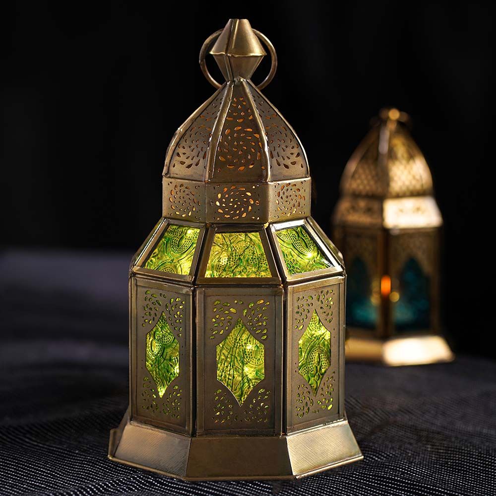 HilalFul - Aqsa Brass Antique Lantern - Green Glass