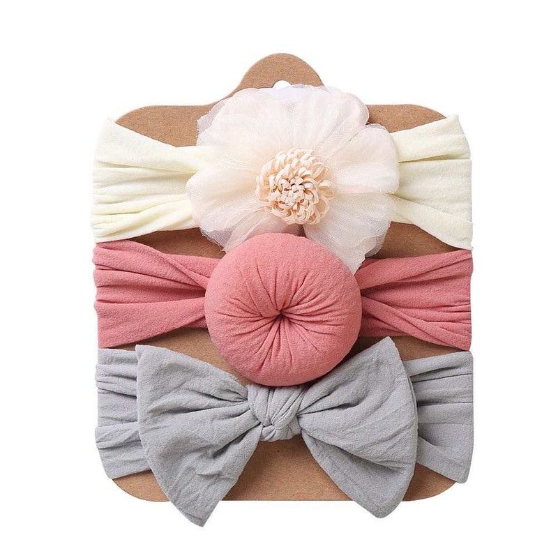 The Girl Cap - Stretchable Nylon Headband For Baby - 3pcs - White, Pink, Grey