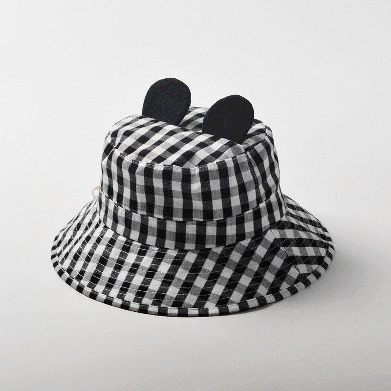 The Girl Cap - 3D Ears Detailed Checked Bucket Hat - Black/White